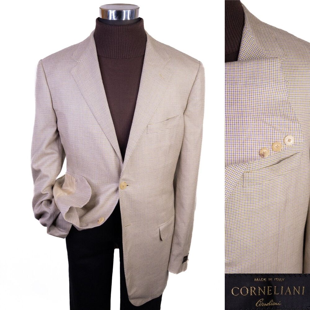 Corneliani Silk Wool Sport Coat Suit Casual Jacket Sz 46L Houndstooth Two Button